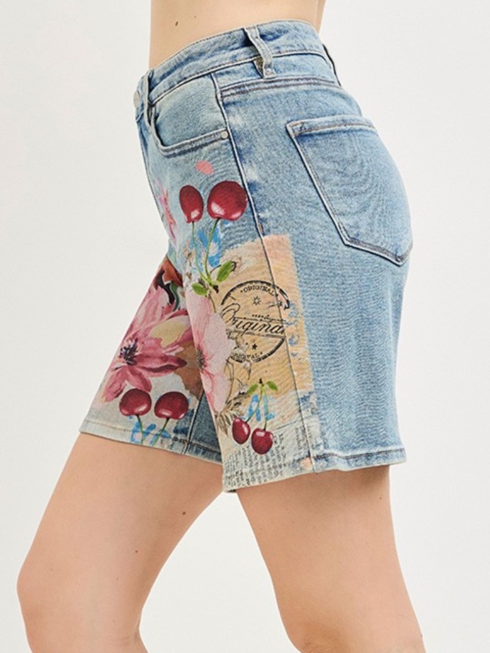 Floral Print Denim Jean Shorts - Pink Blue - Picture 2 of 5